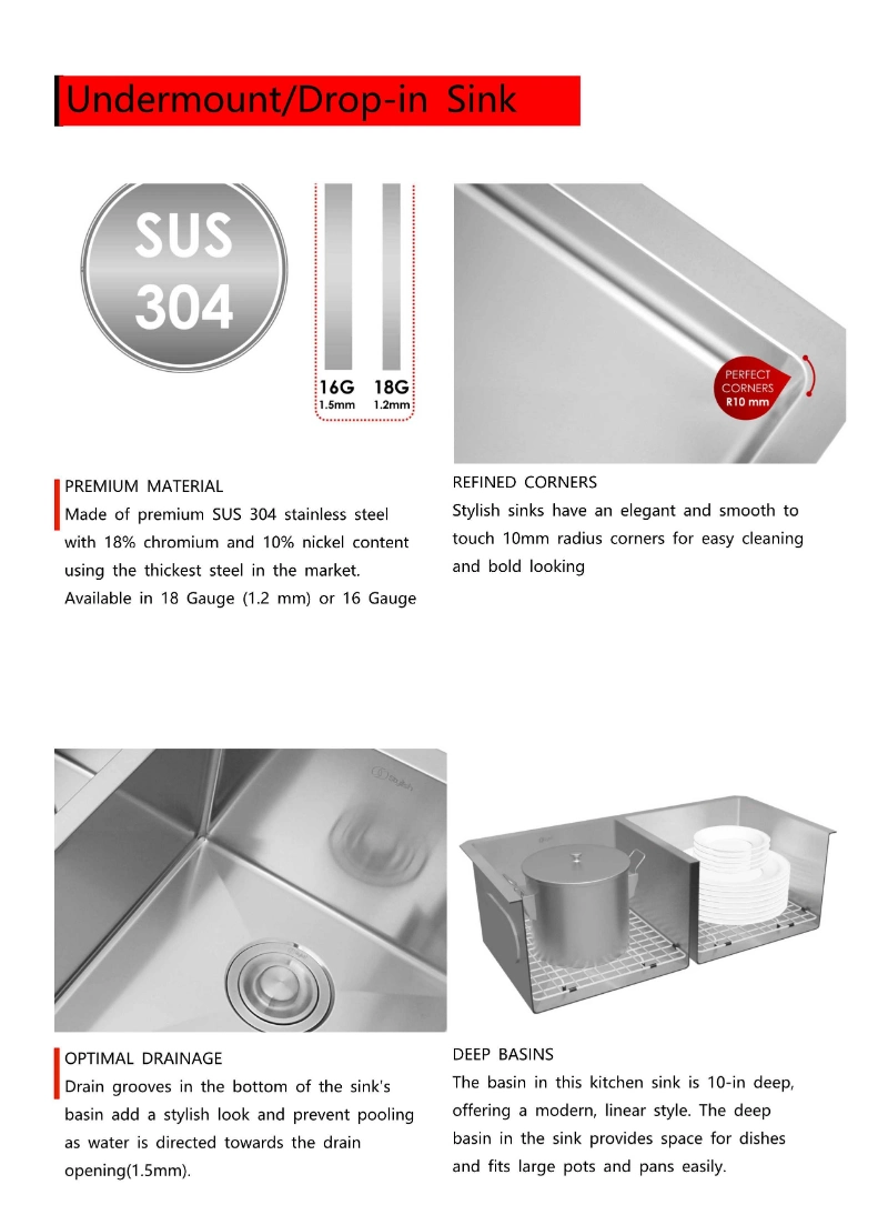 32-Inch Undermount 1618 Gauge Tight Radius Kitchen Sink Single Bowl 304 Stainless Steel Handmade Drop-in Undermount Under Mount Kitchen Sink