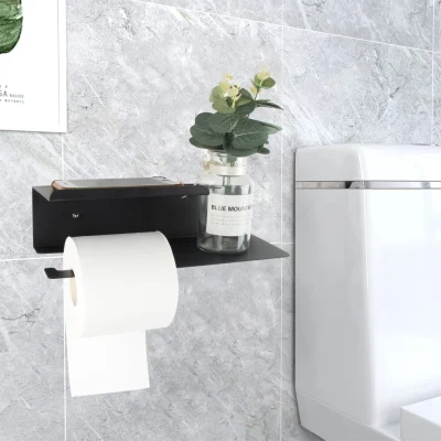 304 Edelstahl Schwarz Wandmontierter Taschentuchrollenhalter Handtuchhalter mit Handyablage Badezimmer Toilettenpapierhalter